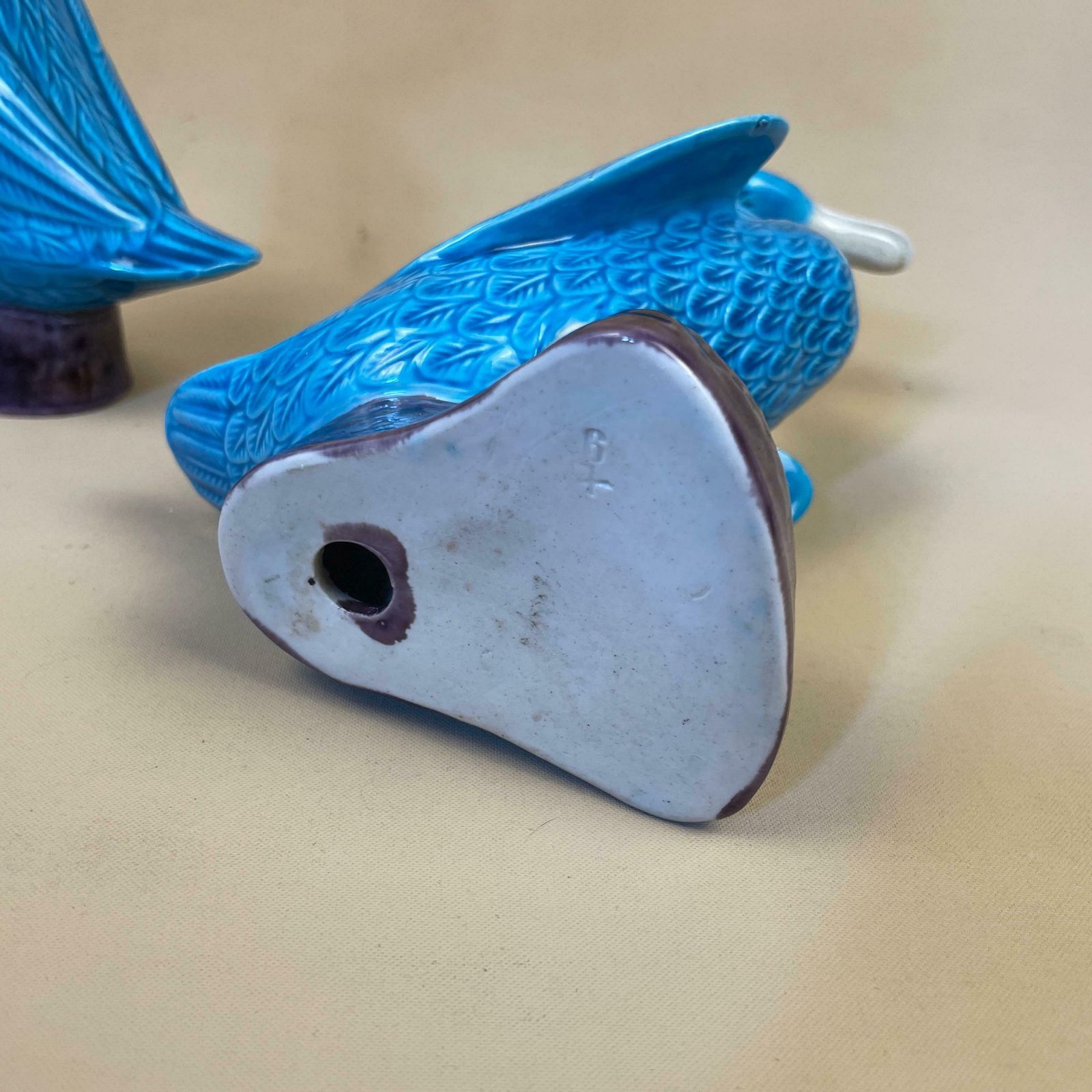 photo for sale Ceramic Oriental Chinese Ducks Ornament Statue Mantle Piece Porcelain Sculpture Statue Ornament Vintage Mid Century Antique Blue Purple Bird