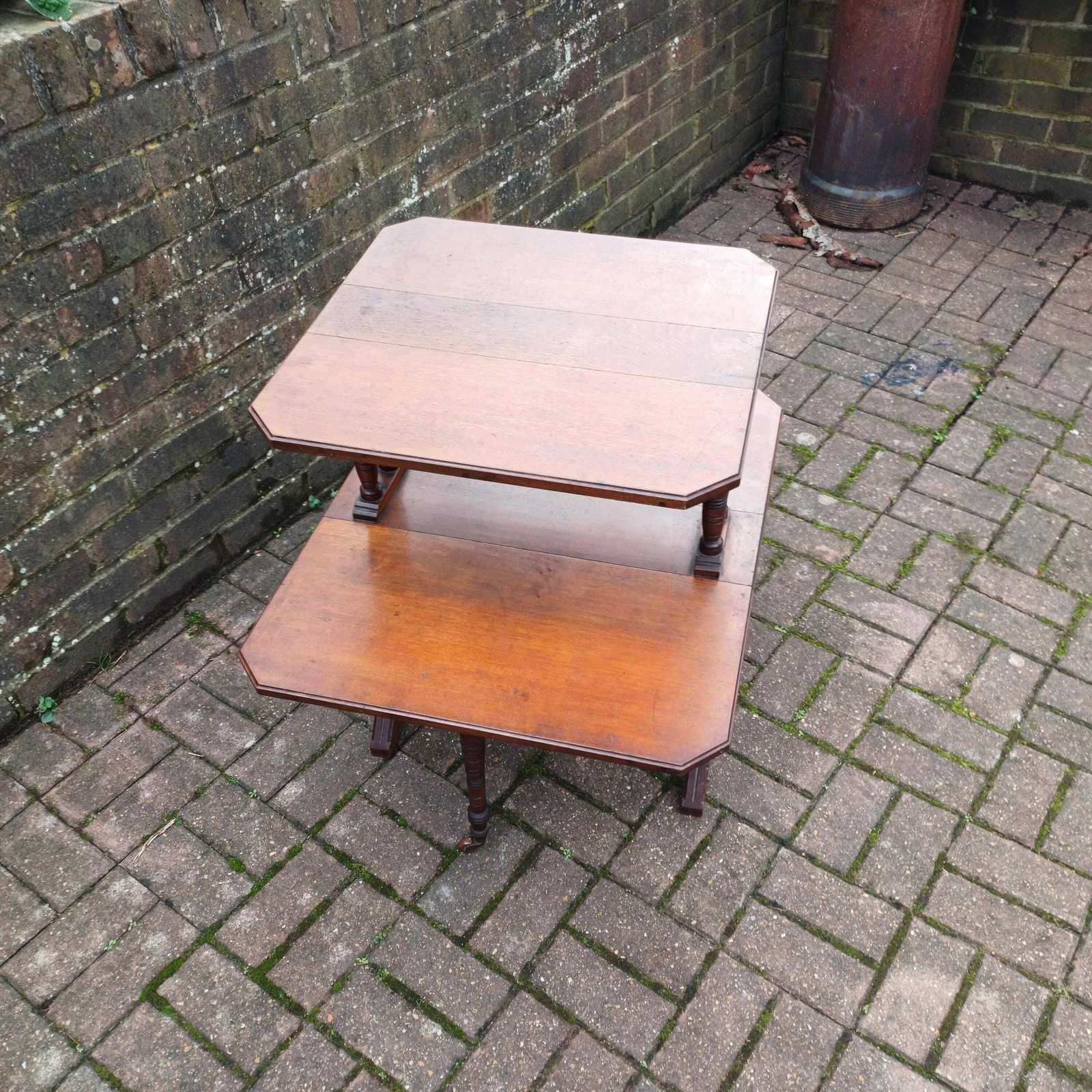 Vintage Mahogany Sutherland Two Tier Occasional Table Late Victorian Folding Table With Turned Columns And Castors photo for sale