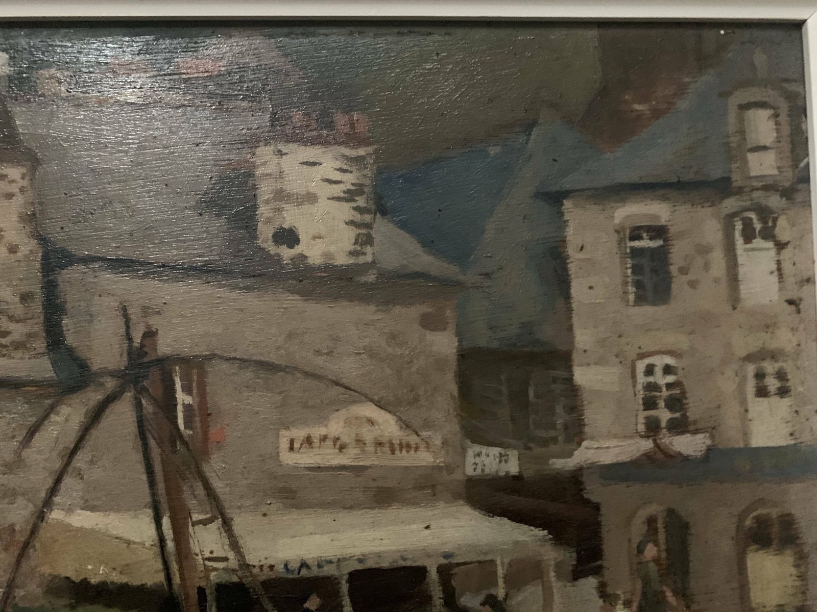 photo vinterior Framed Oil On Canvas "View Of The Port" 20th Century