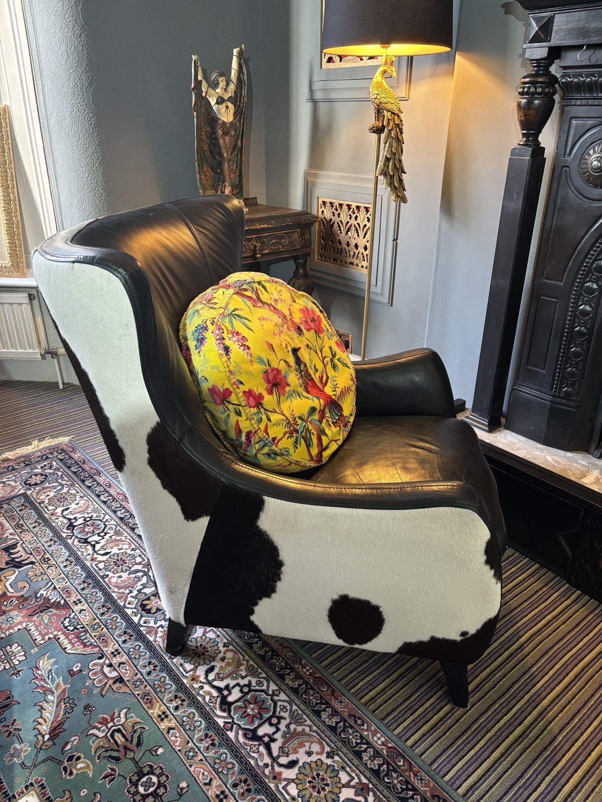 Vintage Cowhide And Black Leather Armchair