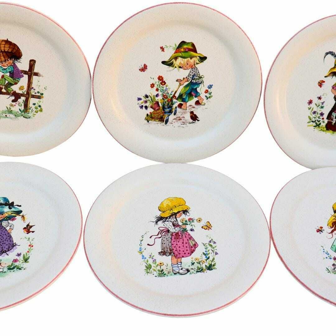 6 Mid Century Holly Hobbie Characters Decorative Plates Made In France By Faince De S'amand.