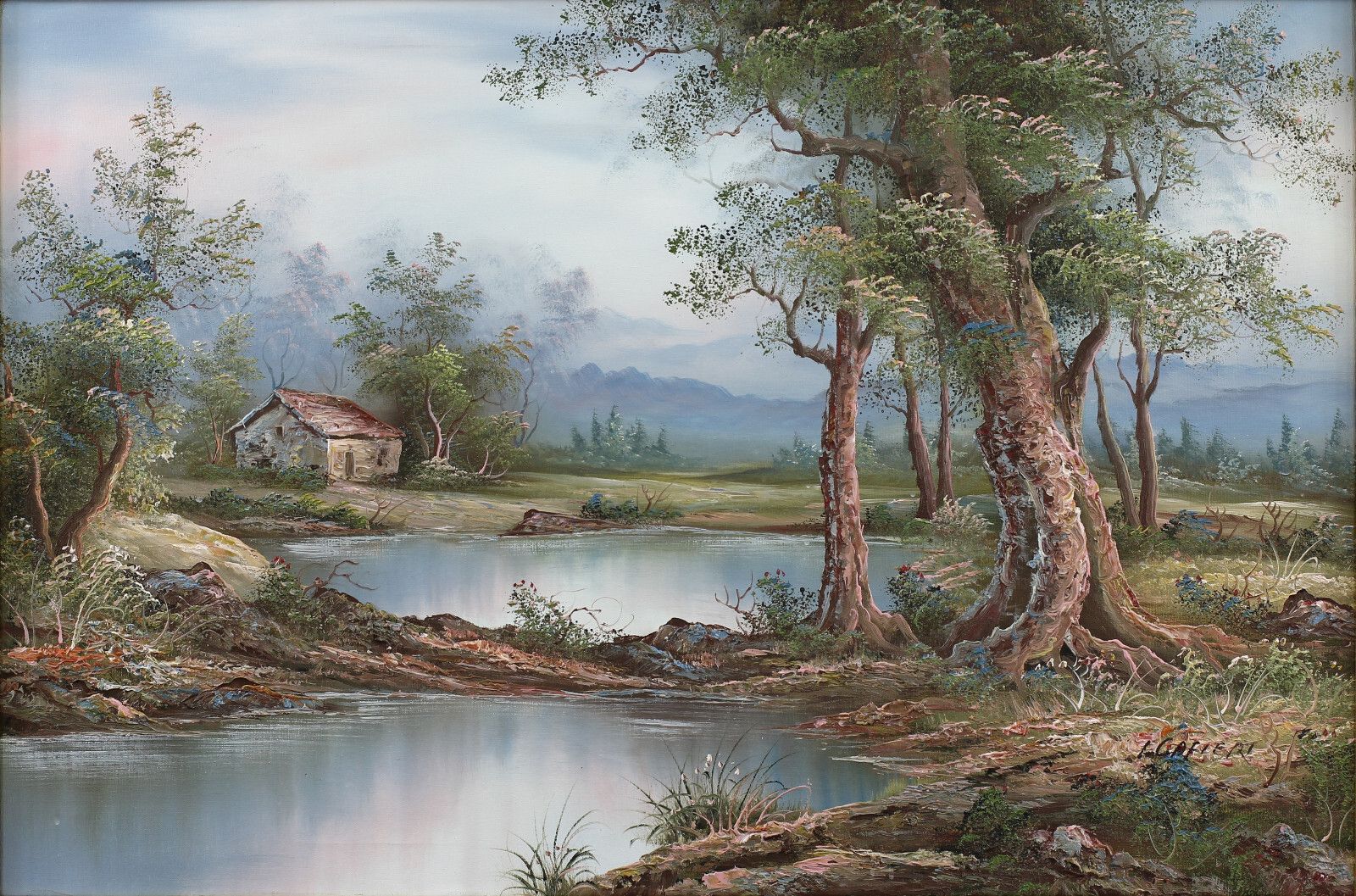 Acrylic On Canvas Signed I Cafieri. Landscape In The Manner Of Albert Bierstadt. photo furniture