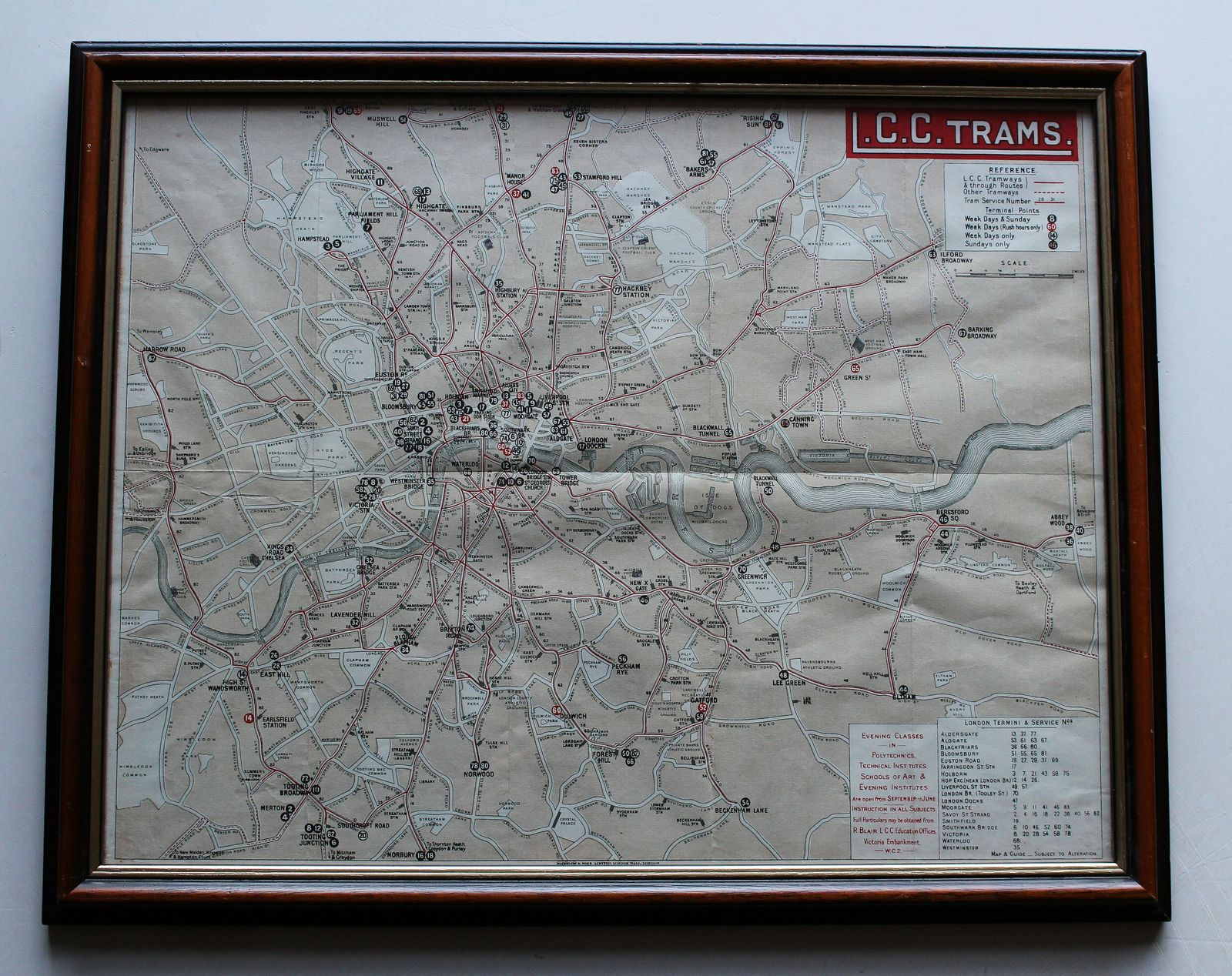 Framed 1920 London County Council Tramways Routes Plan