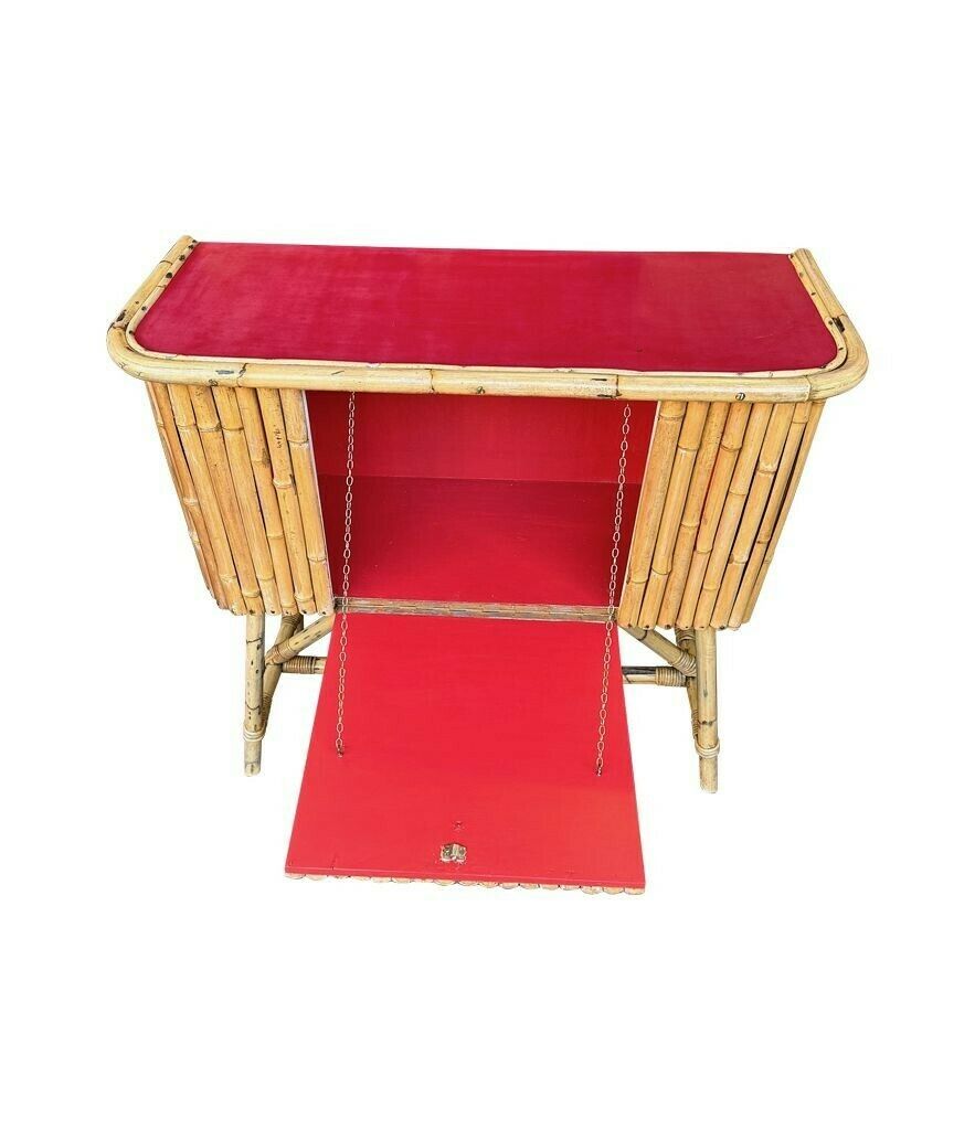 An Italian 1960s Bamboo Bar Cabinet With Red Laminate Top And Two Stools photo 2150.0