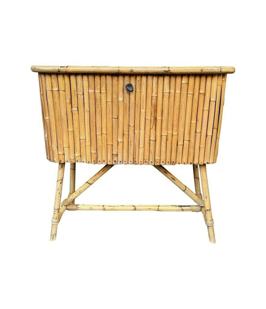 photo for sale An Italian 1960s Bamboo Bar Cabinet With Red Laminate Top And Two Stools