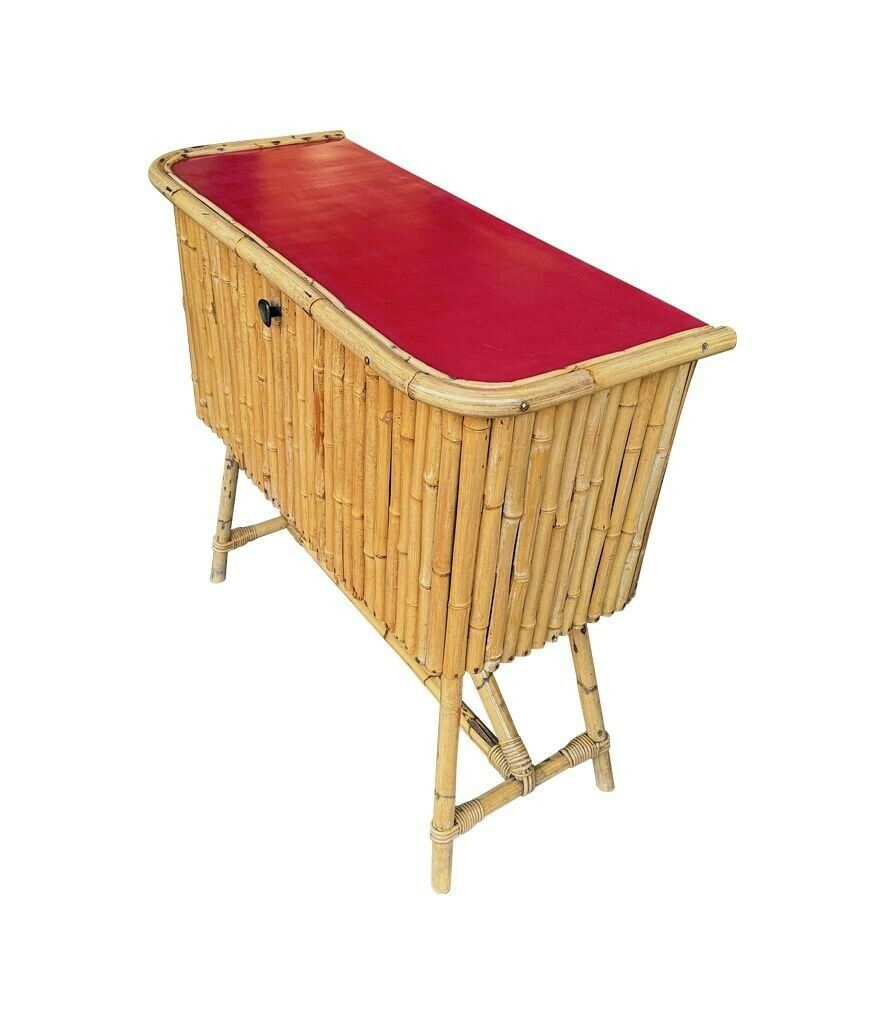 photo vinterior An Italian 1960s Bamboo Bar Cabinet With Red Laminate Top And Two Stools