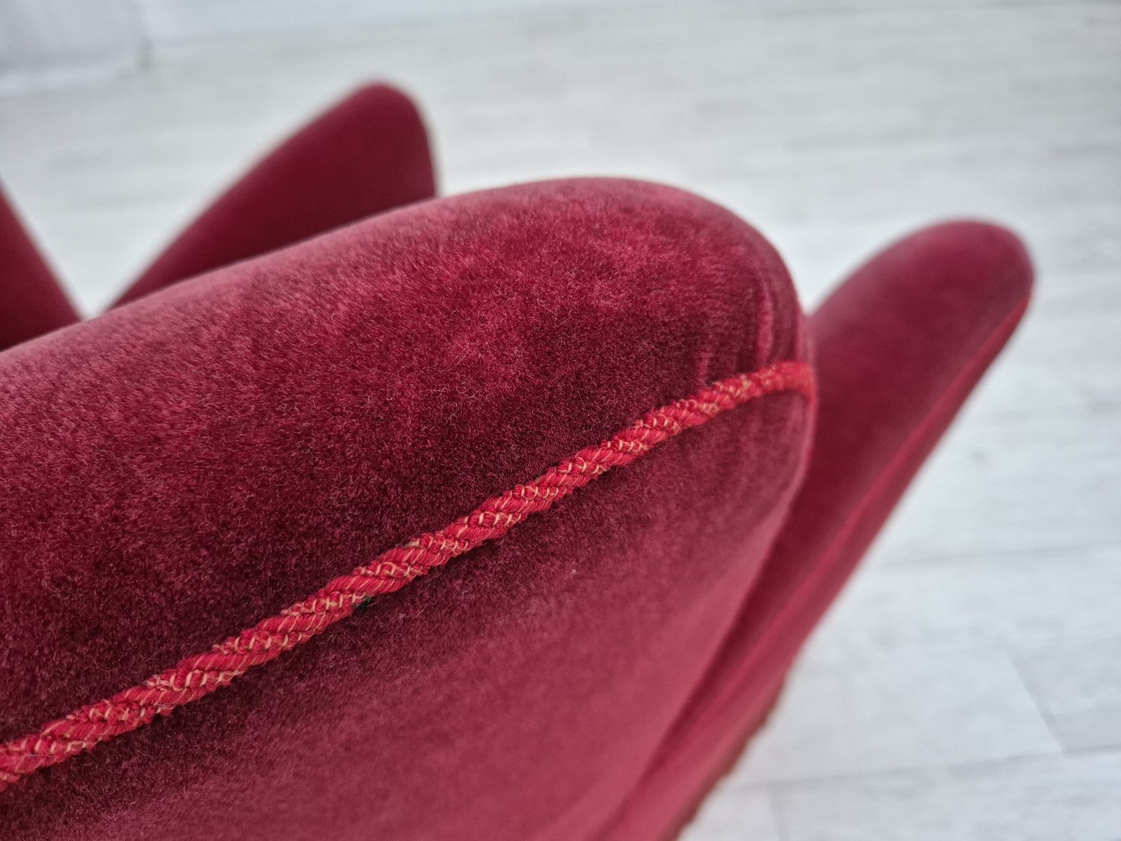 Furniture 1960s, Danish Armchair, Original Condition, Cherry Red Furniture Velour. photo