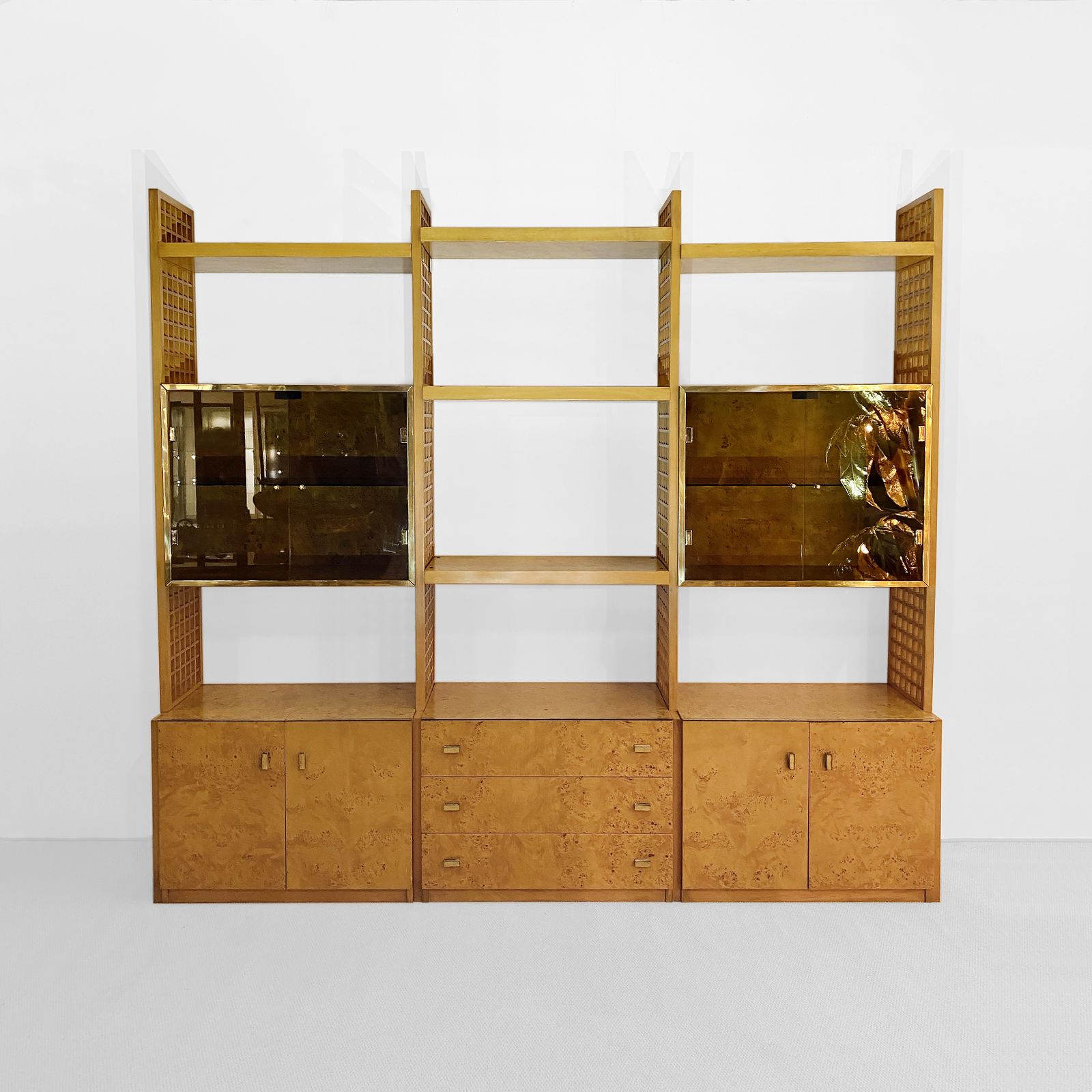 Gianluigi Gorgoni 1970s Brass Burl Wood Glass Display Cabinet Shelving Rizzo Gold Fratelli Turi photo furniture