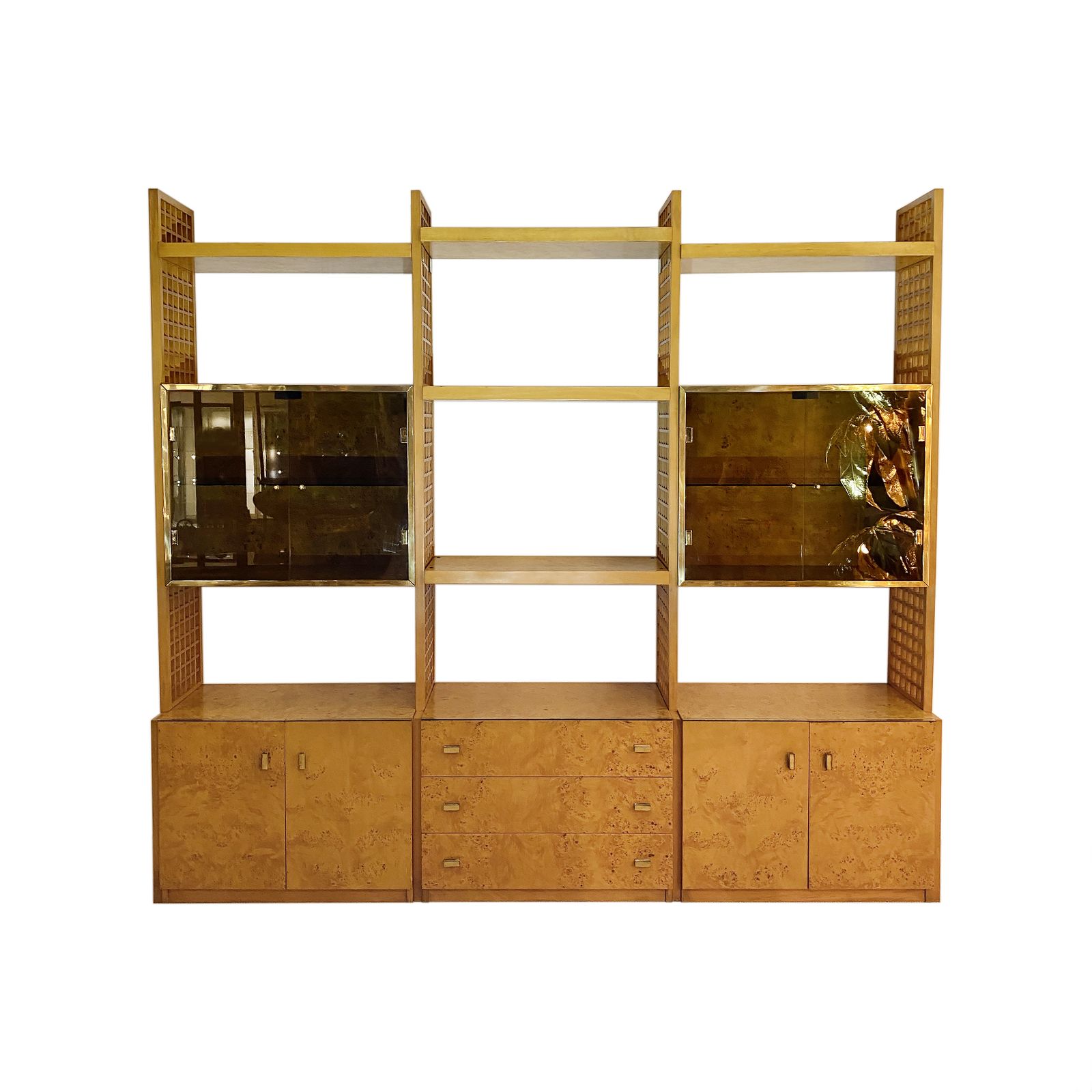 Gianluigi Gorgoni 1970s Brass Burl Wood Glass Display Cabinet Shelving Rizzo Gold Fratelli Turi