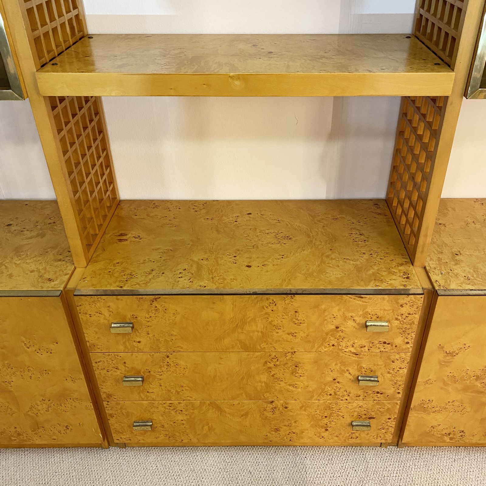 photo vinterior Gianluigi Gorgoni 1970s Brass Burl Wood Glass Display Cabinet Shelving Rizzo Gold Fratelli Turi