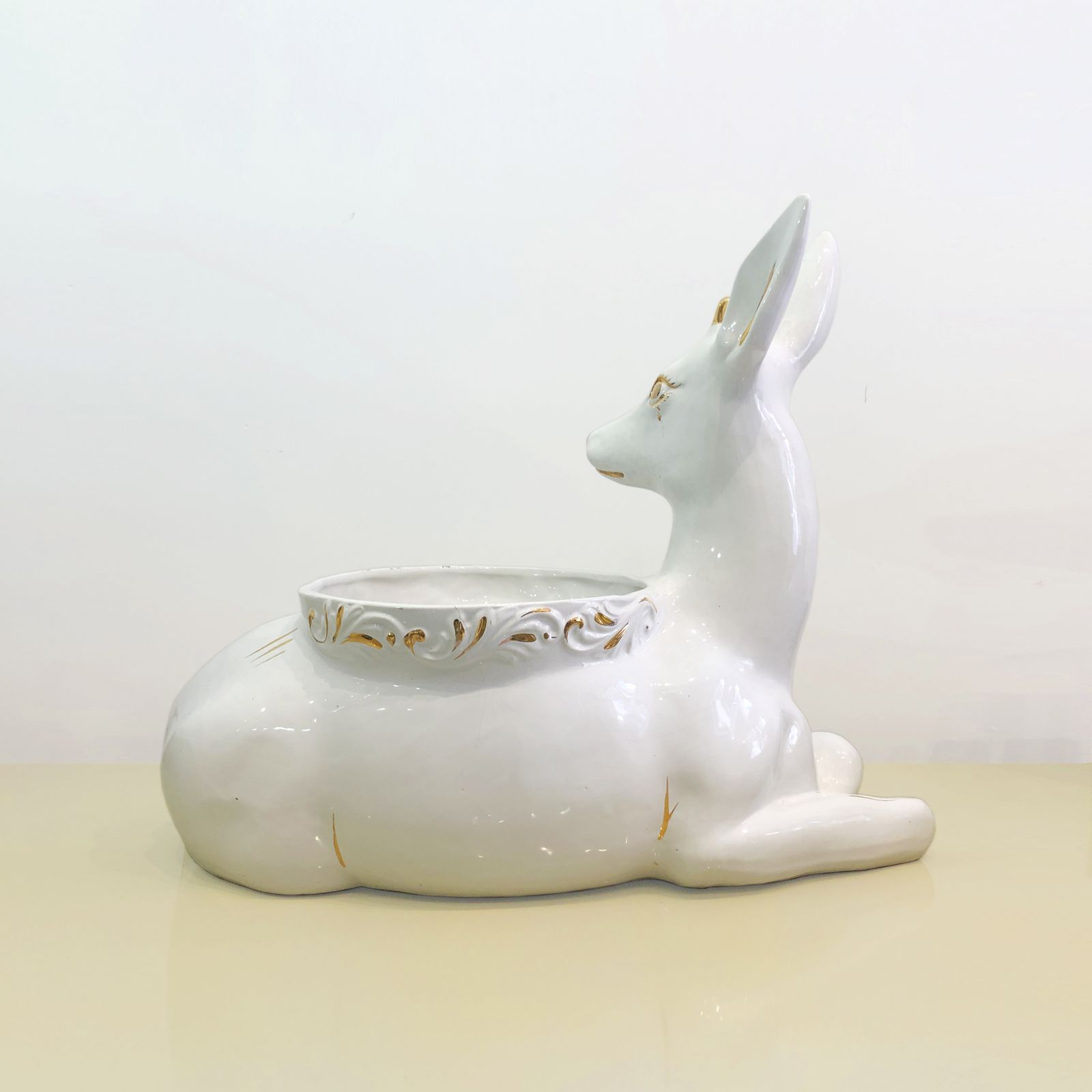 1980s Ceramic Planter Flower Pot Antica Athena Deer Faun White 24k Gold Italian Plant photo vintage