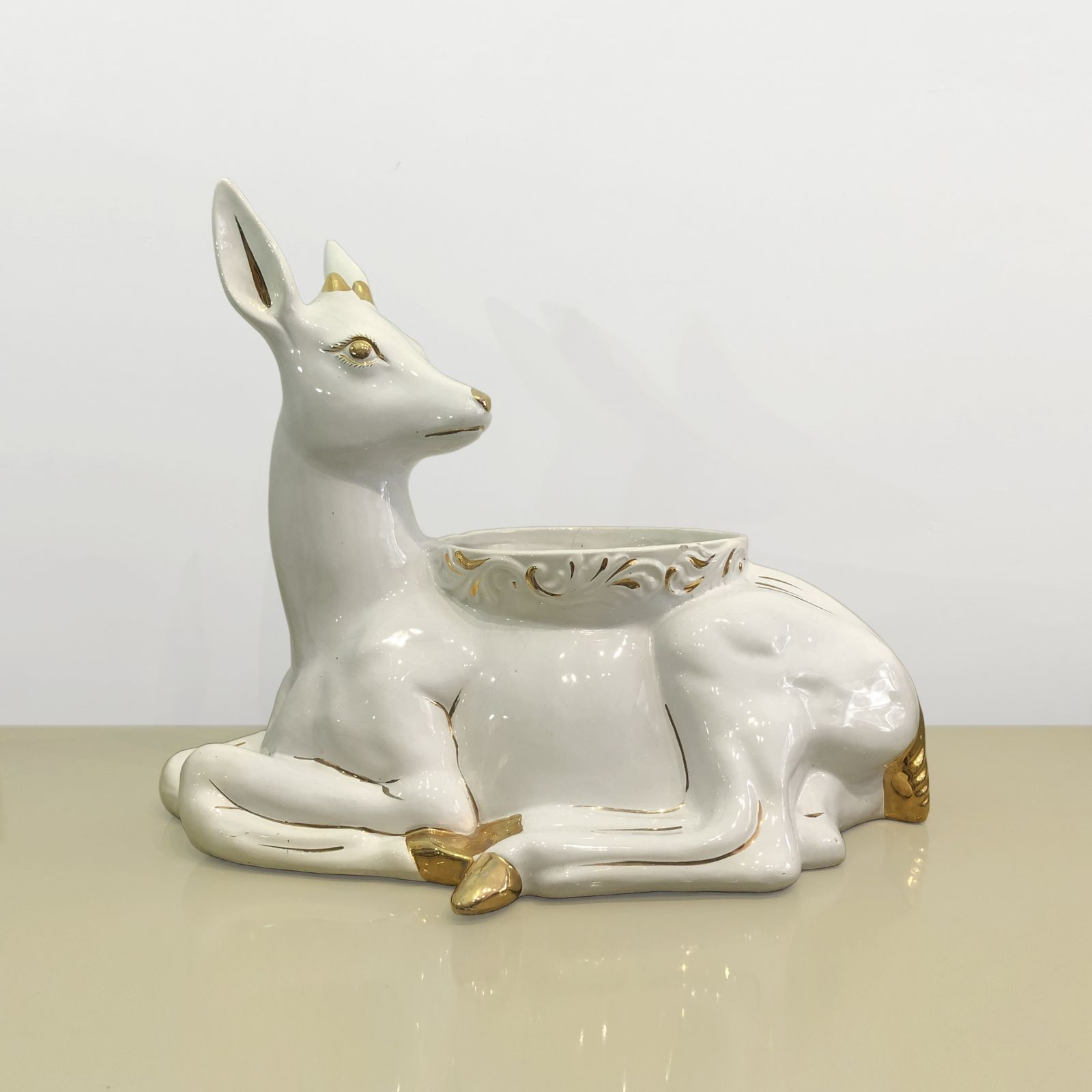 1980s Ceramic Planter Flower Pot Antica Athena Deer Faun White 24k Gold Italian Plant photo Garden Decor