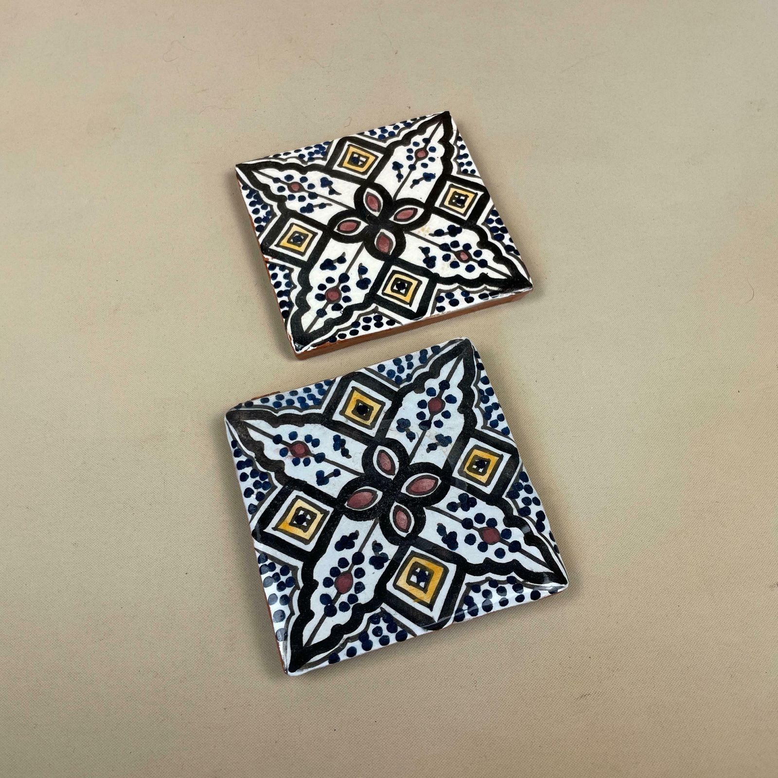 Two Moroccan Vintage Tile Ceramic Square Old Patterned 9.7x9.7cm Placemat Patterned Decorative Black Coaster Plant Stand