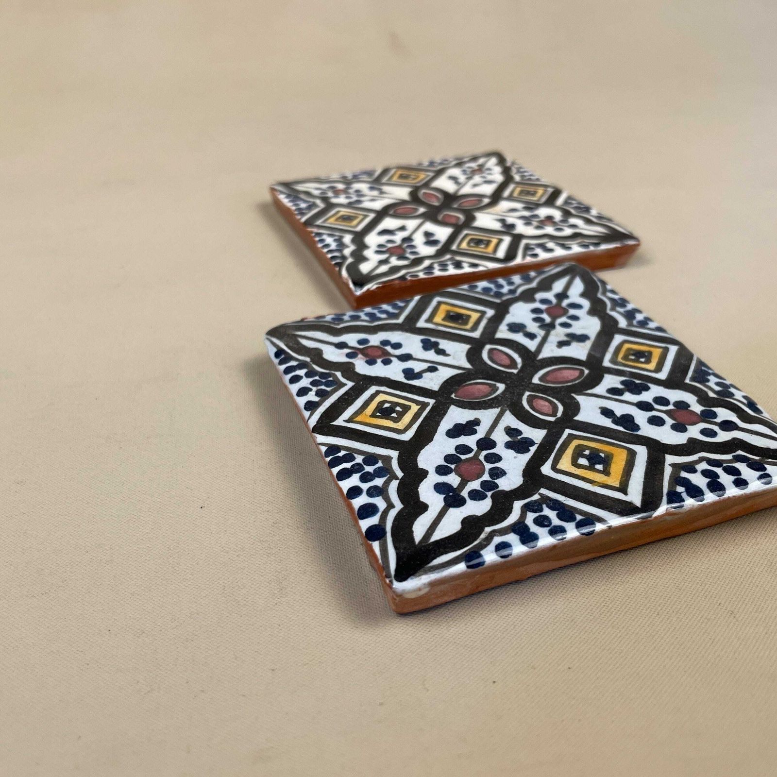 Two Moroccan Vintage Tile Ceramic Square Old Patterned 9.7x9.7cm Placemat Patterned Decorative Black Coaster Plant Stand photo buy