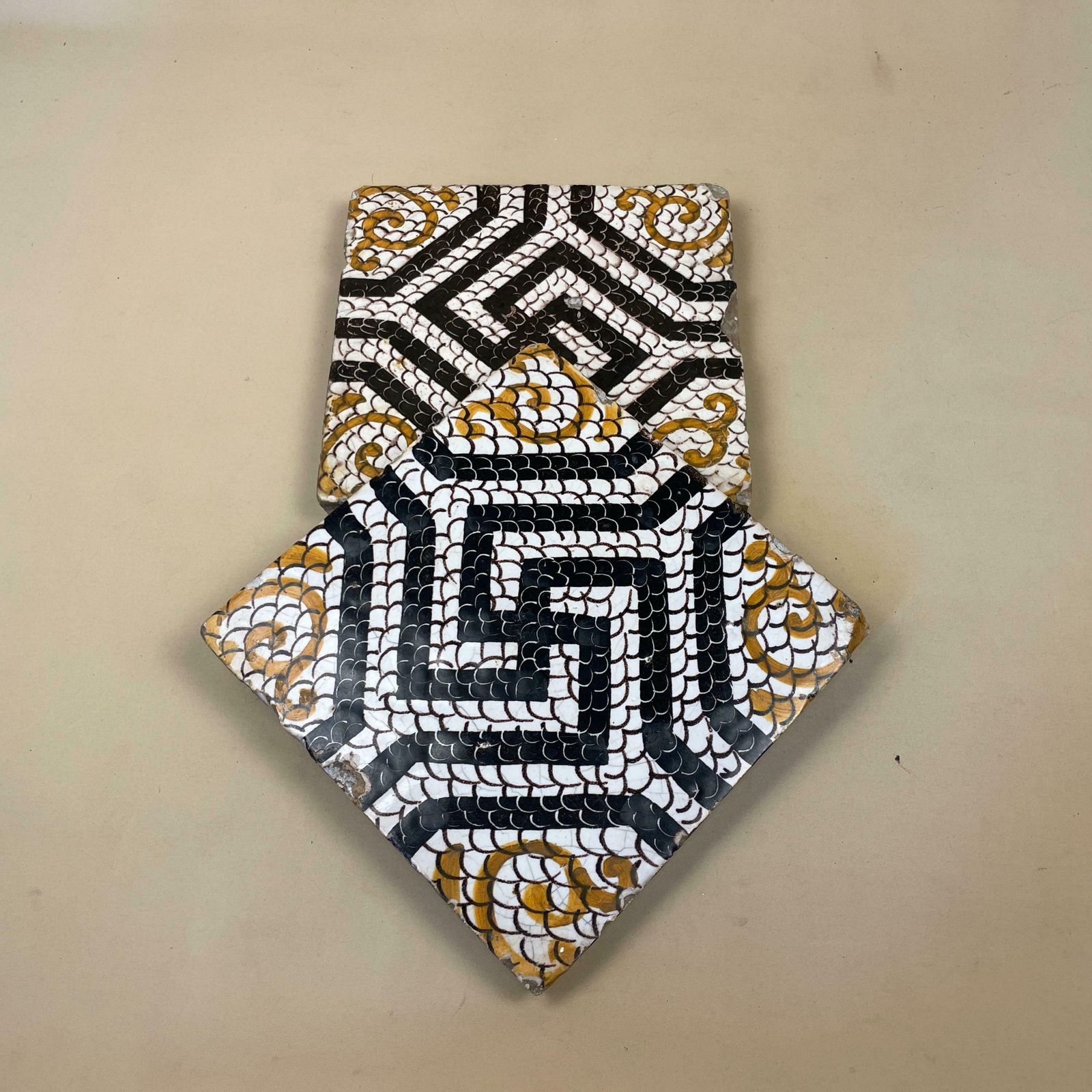 Two Moroccan Vintage Tile Ceramic Square Old Patterned 20x20cm Placemat Patterned Decorative Black Coaster Plant Stand Geometric Traditional photo for sale