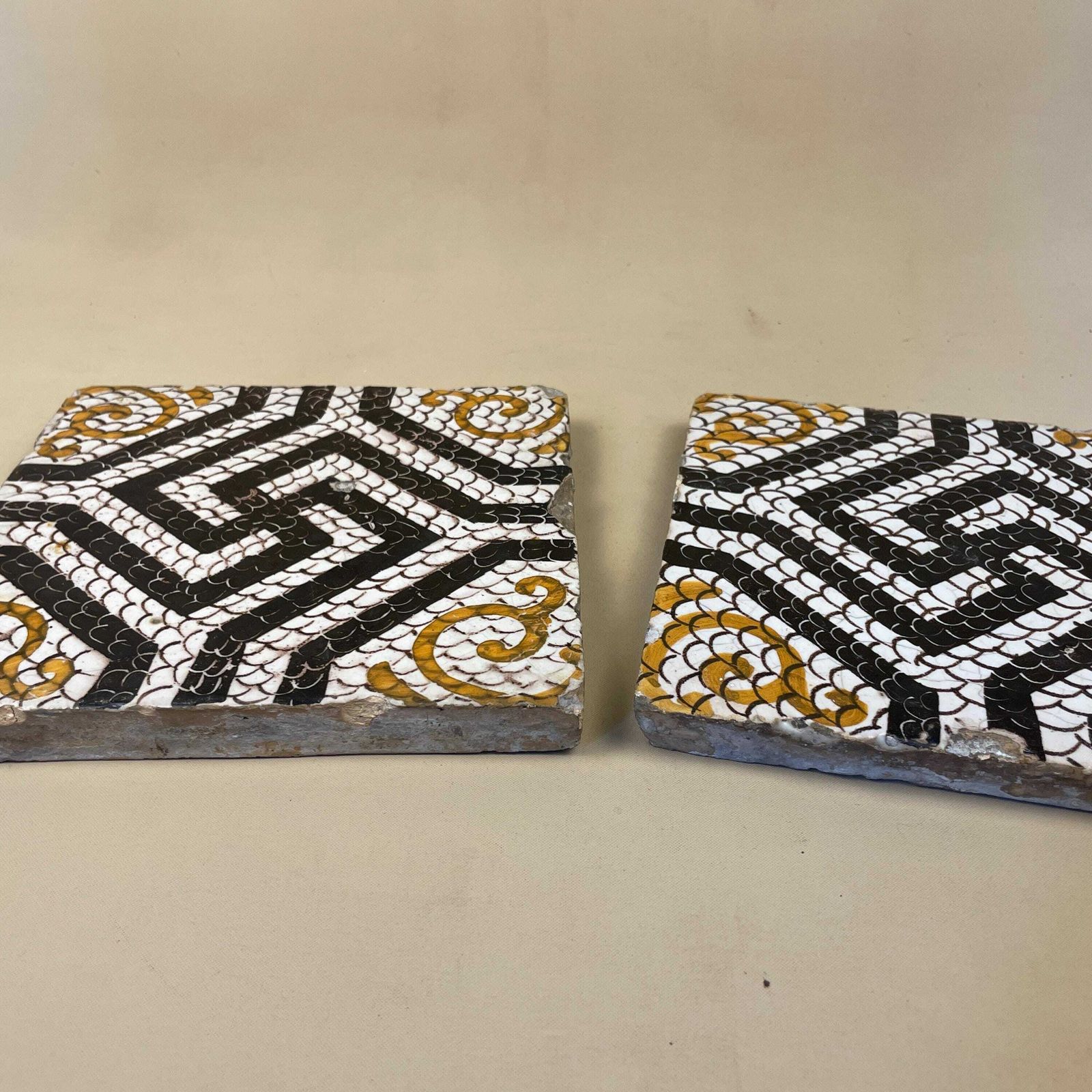 Two Moroccan Vintage Tile Ceramic Square Old Patterned 20x20cm Placemat Patterned Decorative Black Coaster Plant Stand Geometric Traditional photo buy