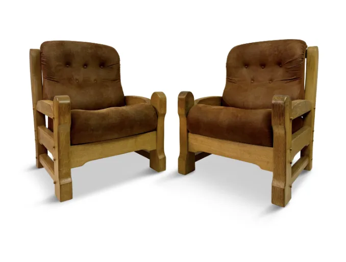 Pair Of Chunky 1960s Brutalist Armchairs In Oak