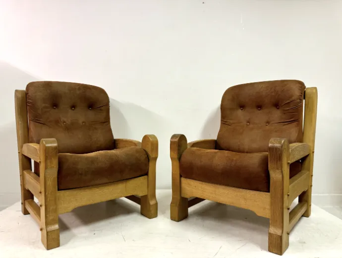 Pair Of Chunky 1960s Brutalist Armchairs In Oak photo vintage
