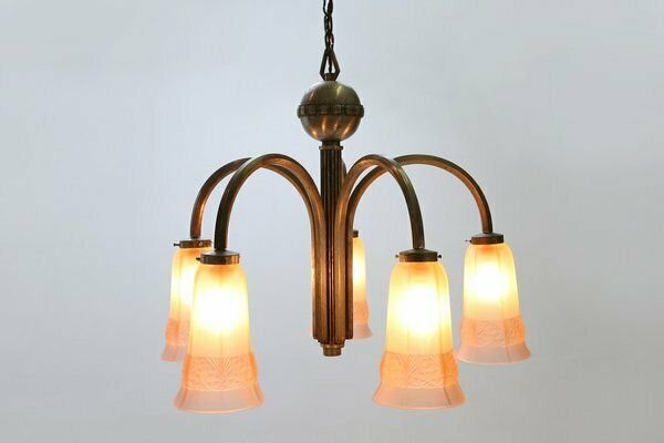Art Deco Chandelier With Etched Pink Glass Shades, 1930s photo furniture