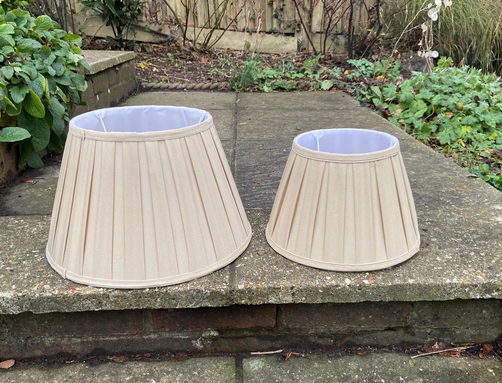 Two Matching Vintage Pleated Gold Sand Coloured Empire Shape   Perfect For Table Lamps 14 Inch And 10.5 Inch