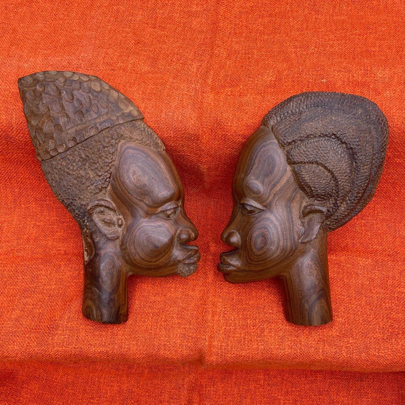 Vintage African Hand Carved Wood Faces, Pair Of African Sculptures, Ethnic Art, Wooden Wall Art