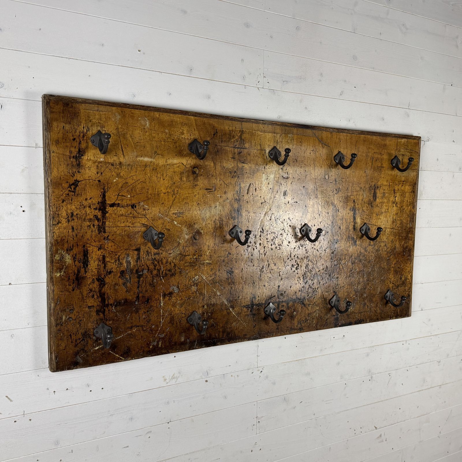 Set Of 14 Iron Hooks On Reclaimed Industrial Hardwood Board
