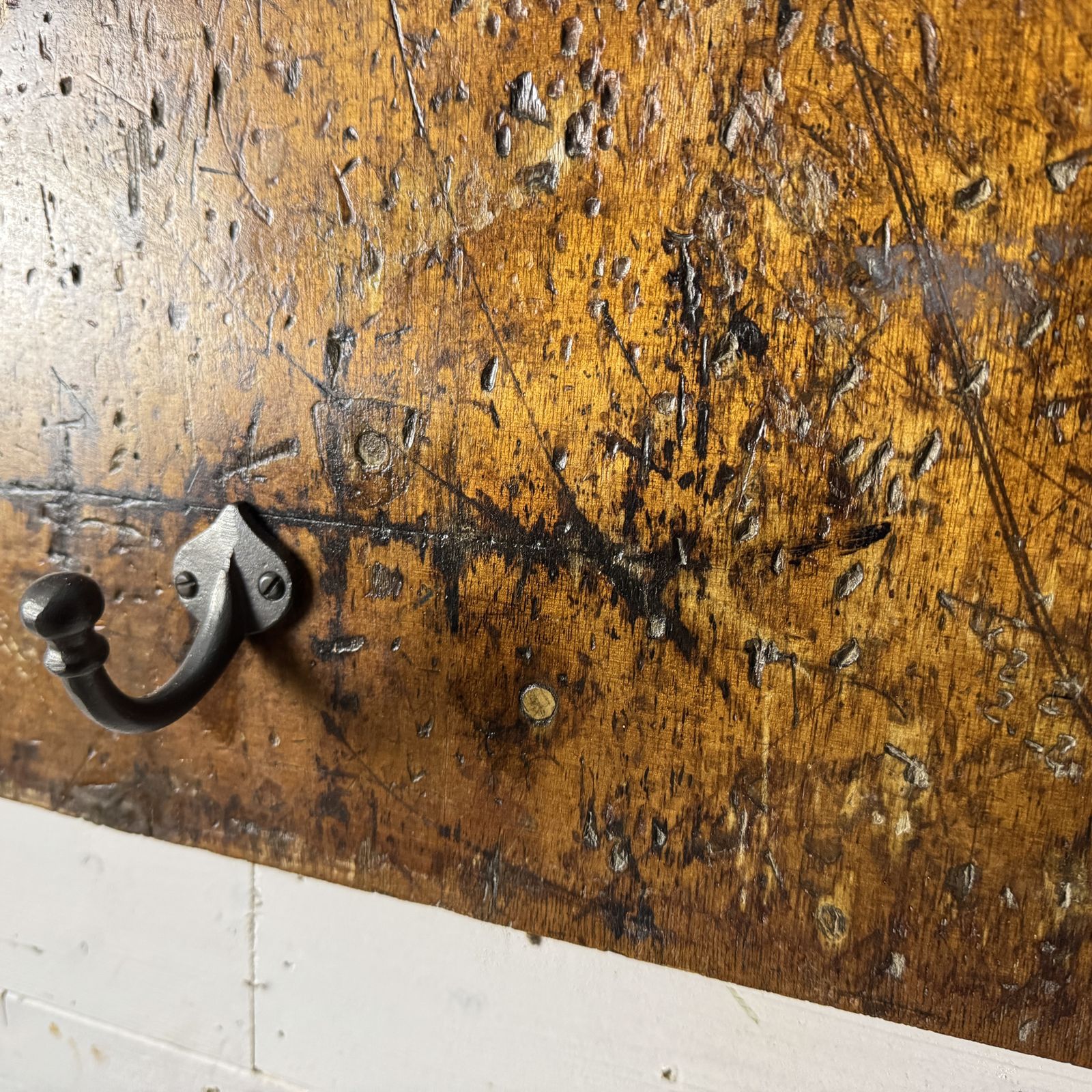 Set Of 14 Iron Hooks On Reclaimed Industrial Hardwood Board photo vinterior
