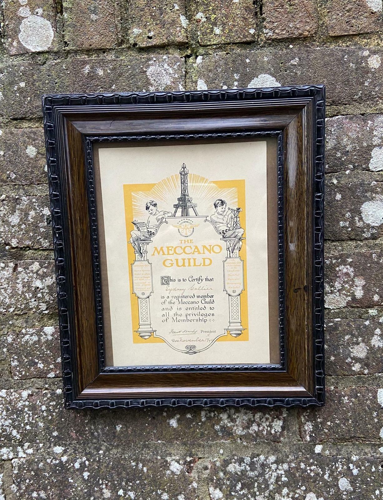 1920s Meccano Guild Certificate In A Gorgeous Vintage Wooden Glazed Frame (34.5 X 28.5cm)