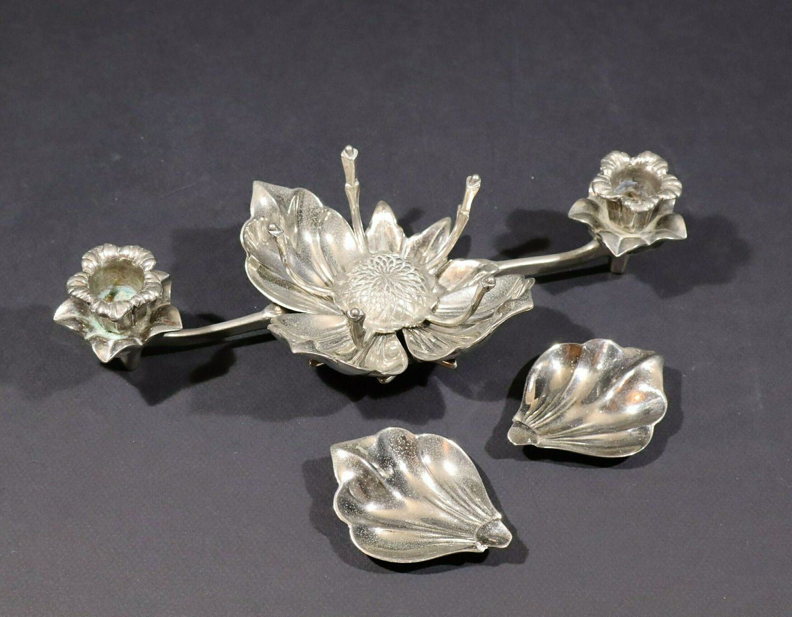 Vintage Silver Lotus Flower Petal Ashtray With Lily Candlesticks photo vinterior