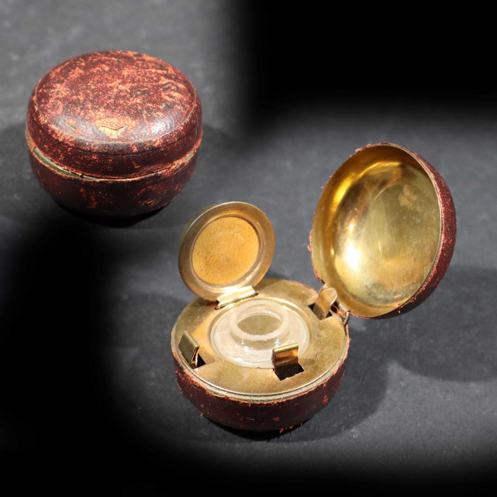 Antique Copper Traveling Inkwell With Leather Case Pocket Inkwell With Glass Ink Pot photo furniture