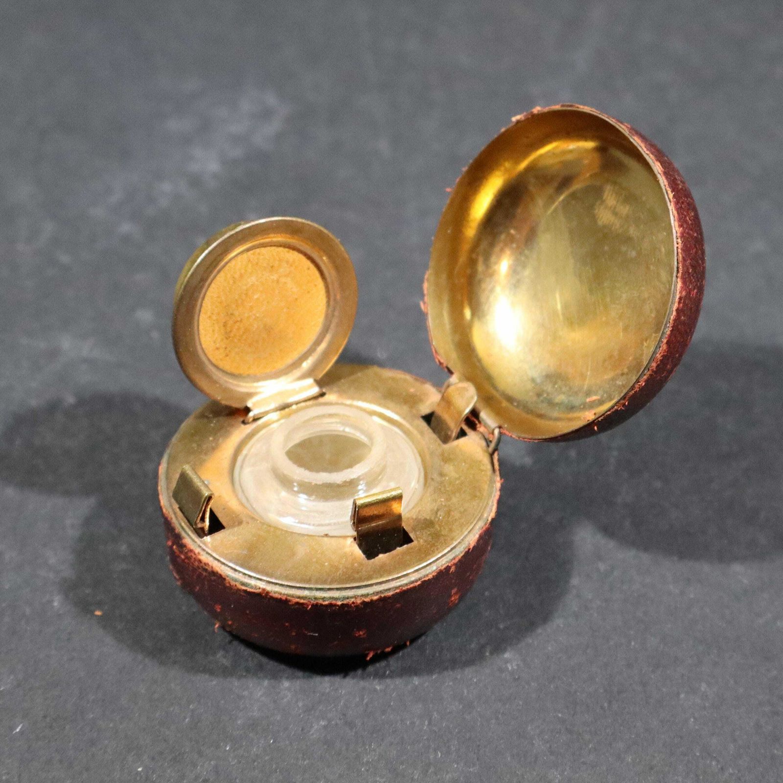 Antique Copper Traveling Inkwell With Leather Case Pocket Inkwell With Glass Ink Pot photo Home Decor
