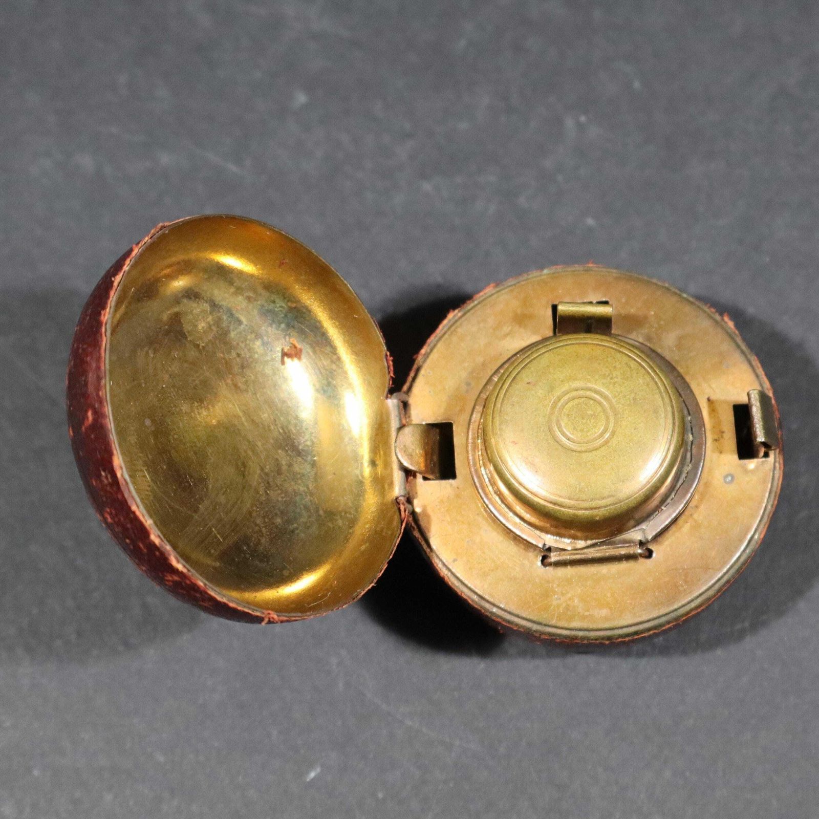 Antique Copper Traveling Inkwell With Leather Case Pocket Inkwell With Glass Ink Pot photo vintage