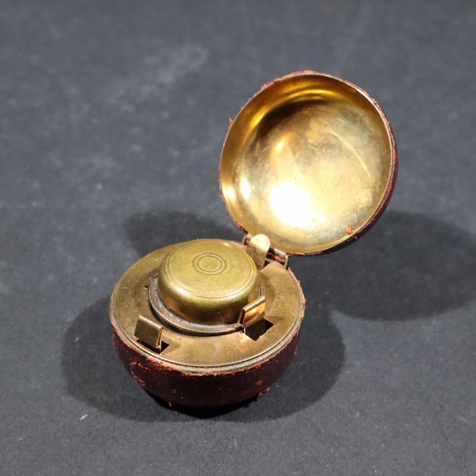 photo furniture Antique Copper Traveling Inkwell With Leather Case Pocket Inkwell With Glass Ink Pot
