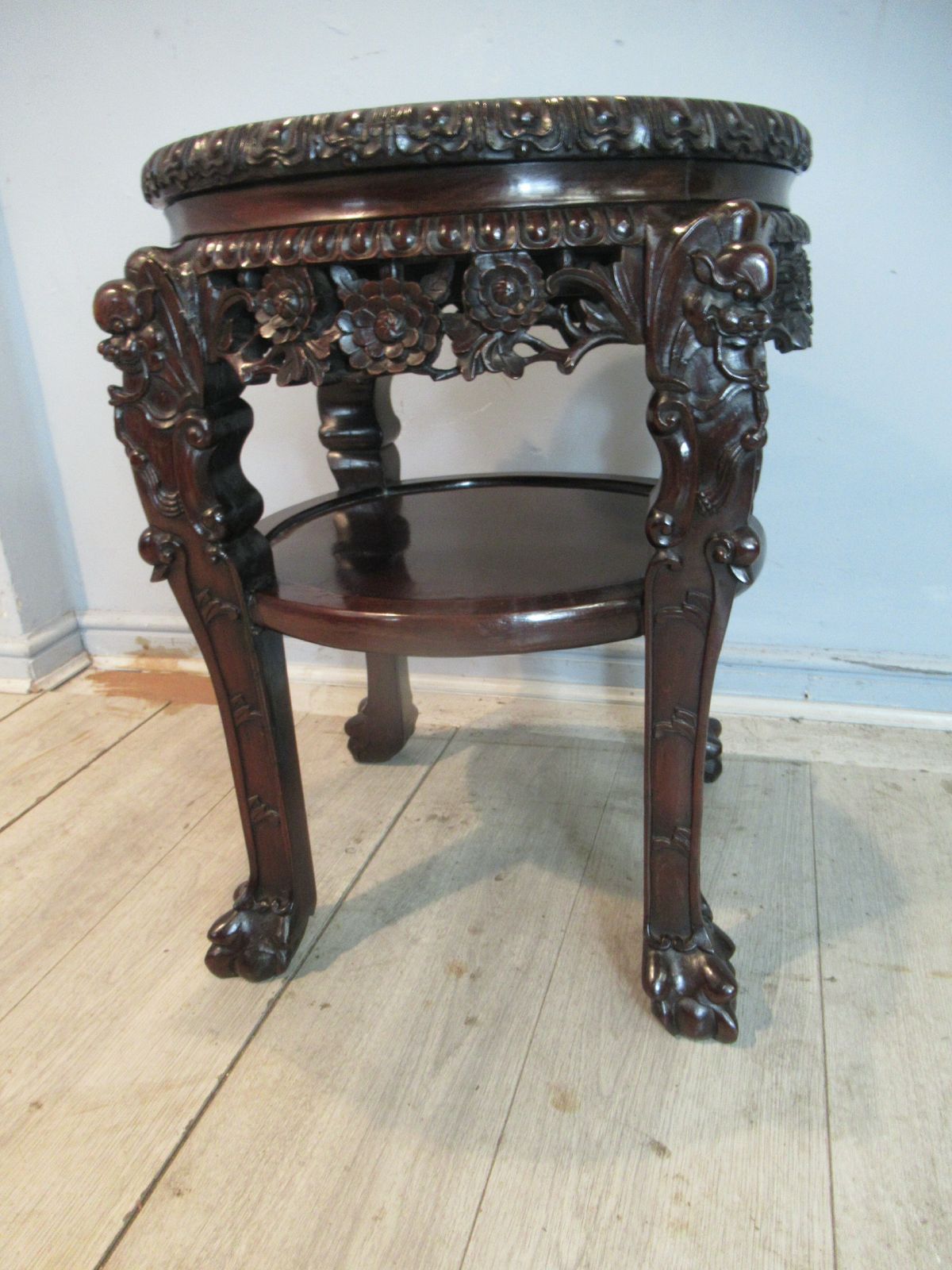Fine Oriental  Hard Wood  Carved Stand With A Marble  Top