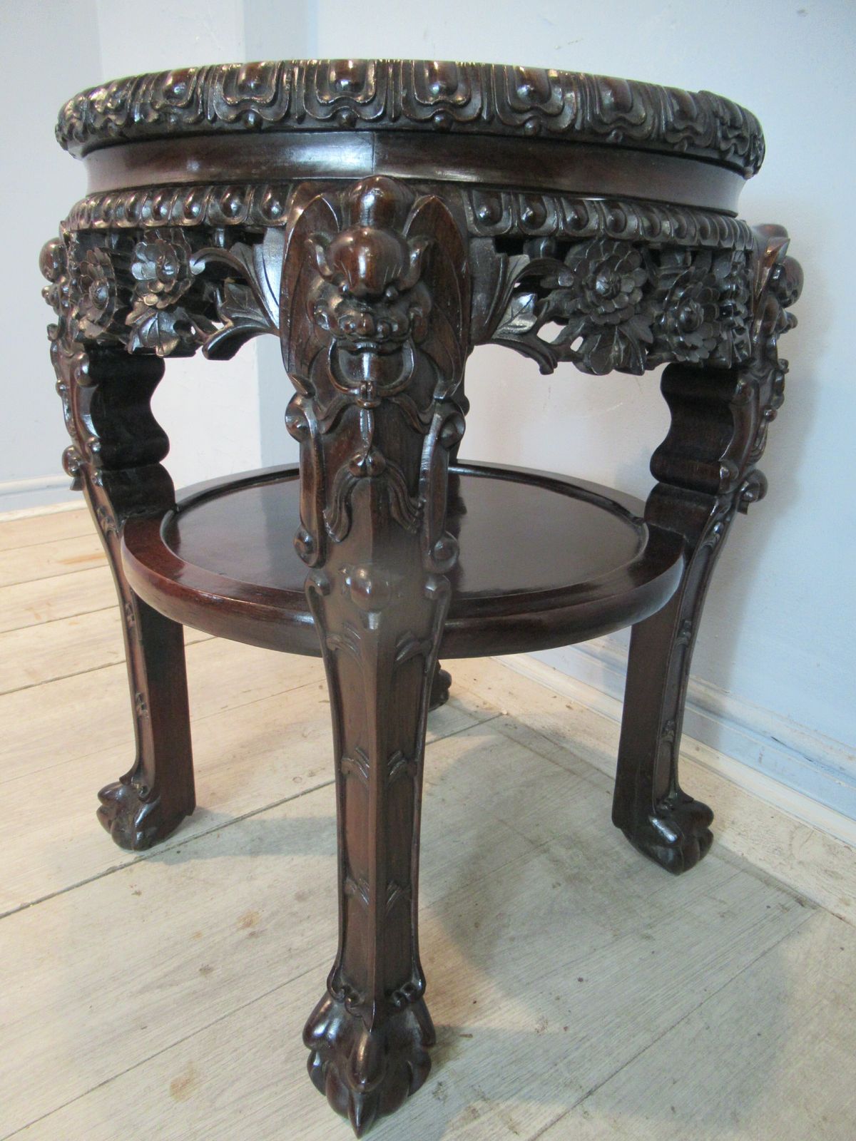 Fine Oriental  Hard Wood  Carved Stand With A Marble  Top photo for sale