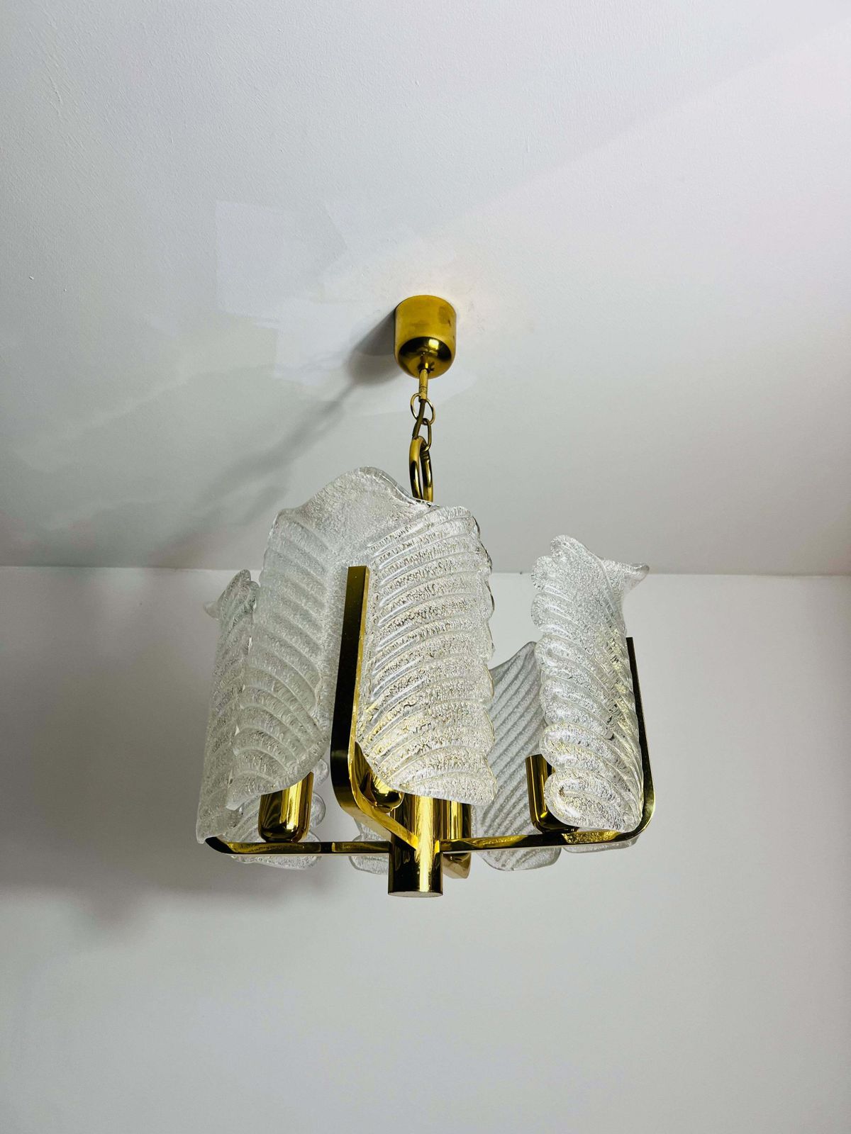 Large Rare Midcentury 4 Arm Brass And Ice Glass Chandelier, 1960s photo furniture
