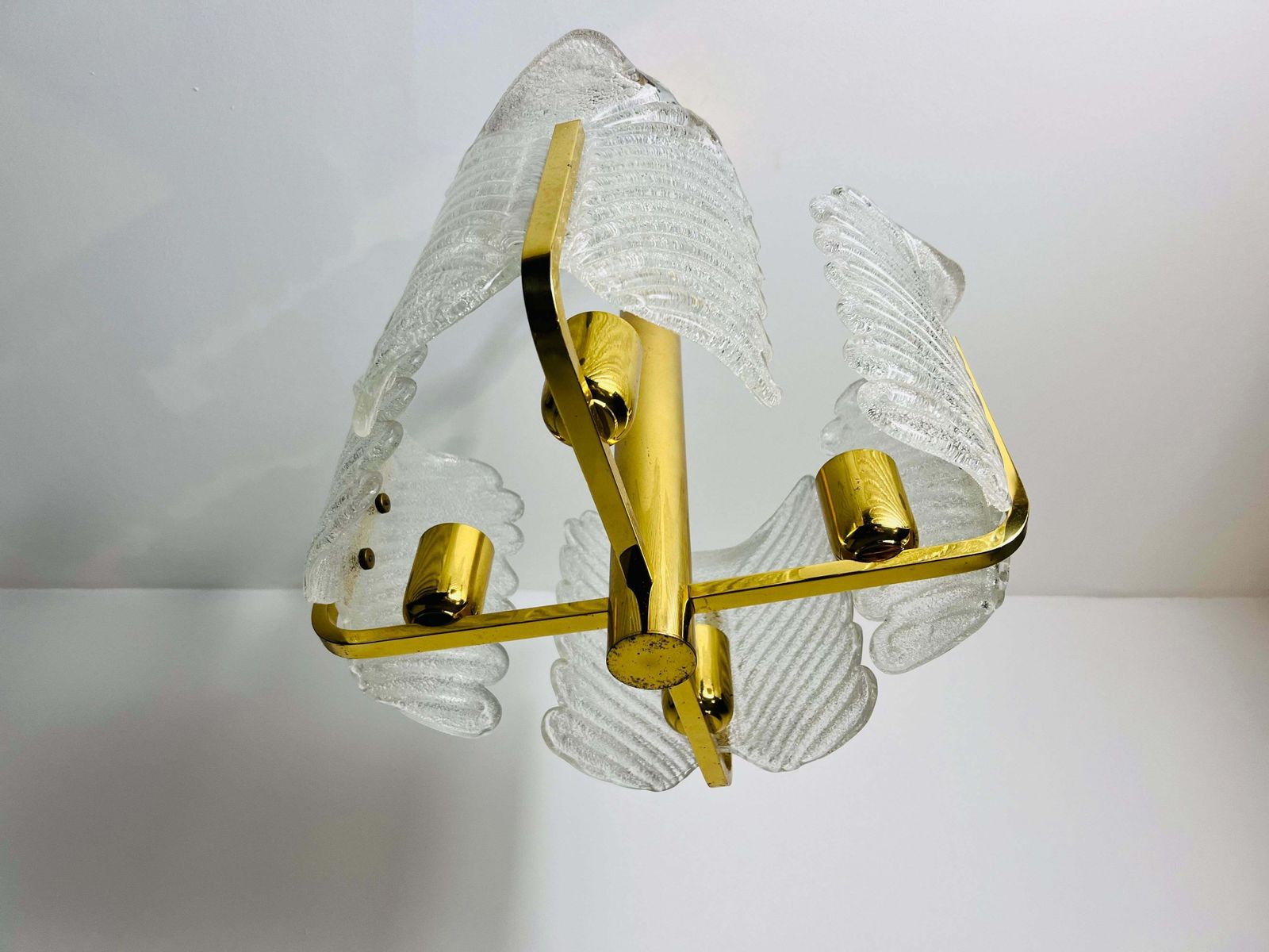 Large Rare Midcentury 4 Arm Brass And Ice Glass Chandelier, 1960s photo vinterior