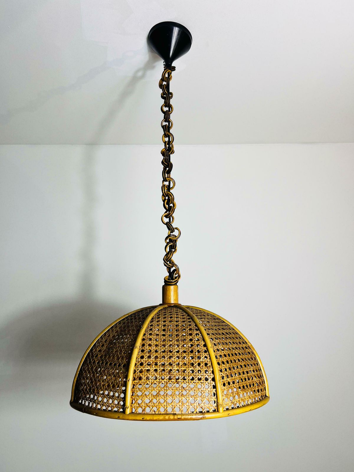 photo for sale Midcentury Wooden Bamboo Pendant Lamp, Italy, 1960s
