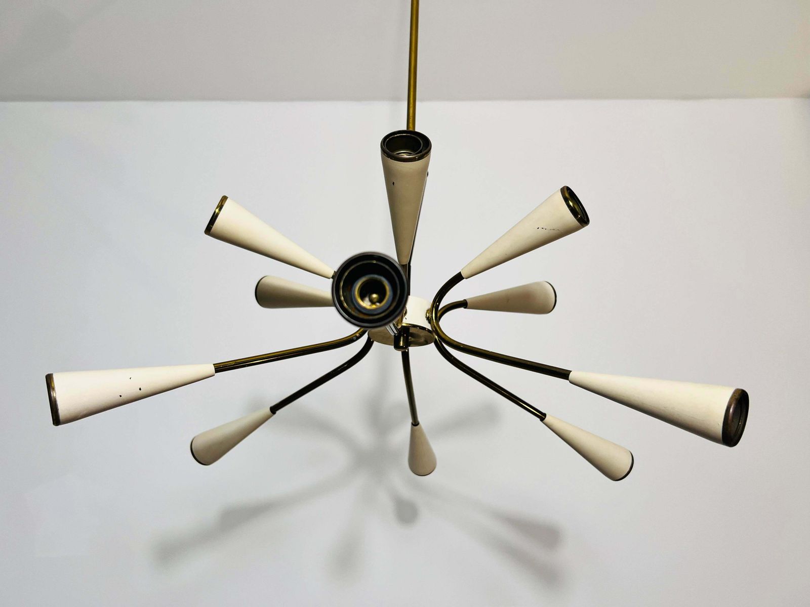 photo for sale 1 Of 2 Mid Century Brass 12 Arm Sputnik Chandelier, 1950s, Italy