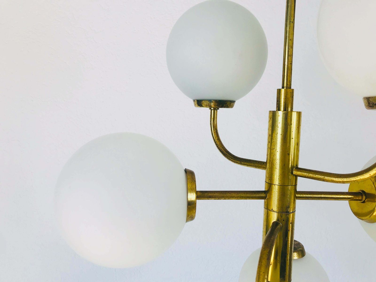 Exceptional Mid Century Modern Brass Kaiser 6 Arm Space Age Chandelier, 1960s photo vinterior