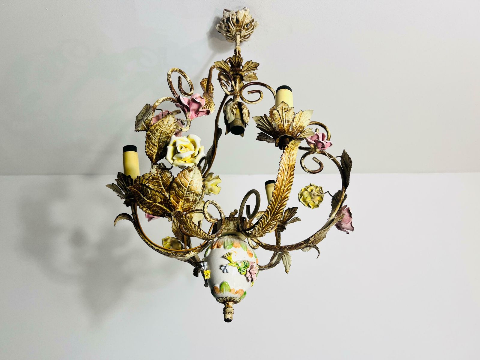 Brass And Ceramic Florentine Flower Shape Chandelier, Germany, 1970s photo furniture
