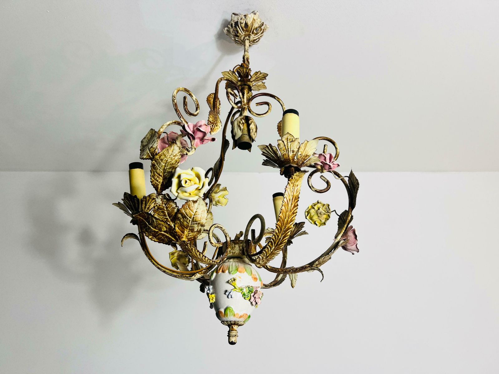 Brass And Ceramic Florentine Flower Shape Chandelier, Germany, 1970s photo for sale