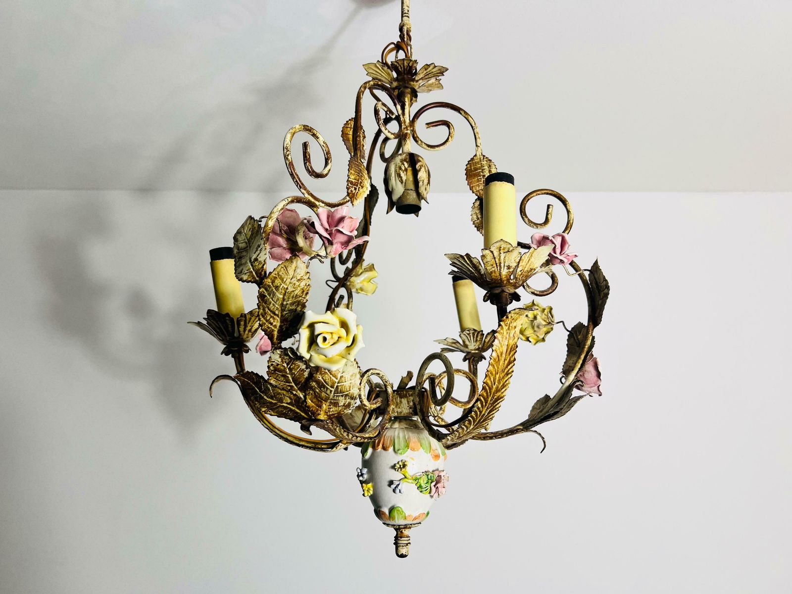Brass And Ceramic Florentine Flower Shape Chandelier, Germany, 1970s photo Lighting
