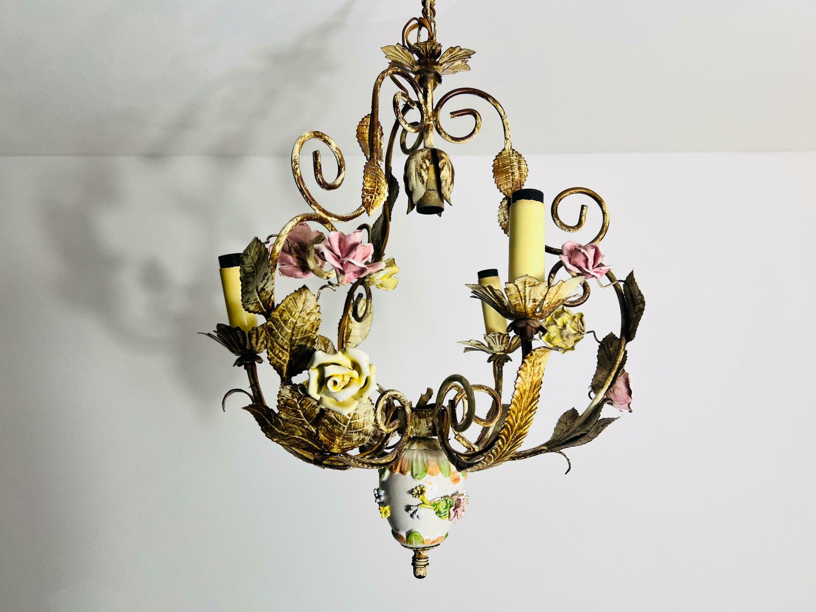 Brass And Ceramic Florentine Flower Shape Chandelier, Germany, 1970s photo 1433.0
