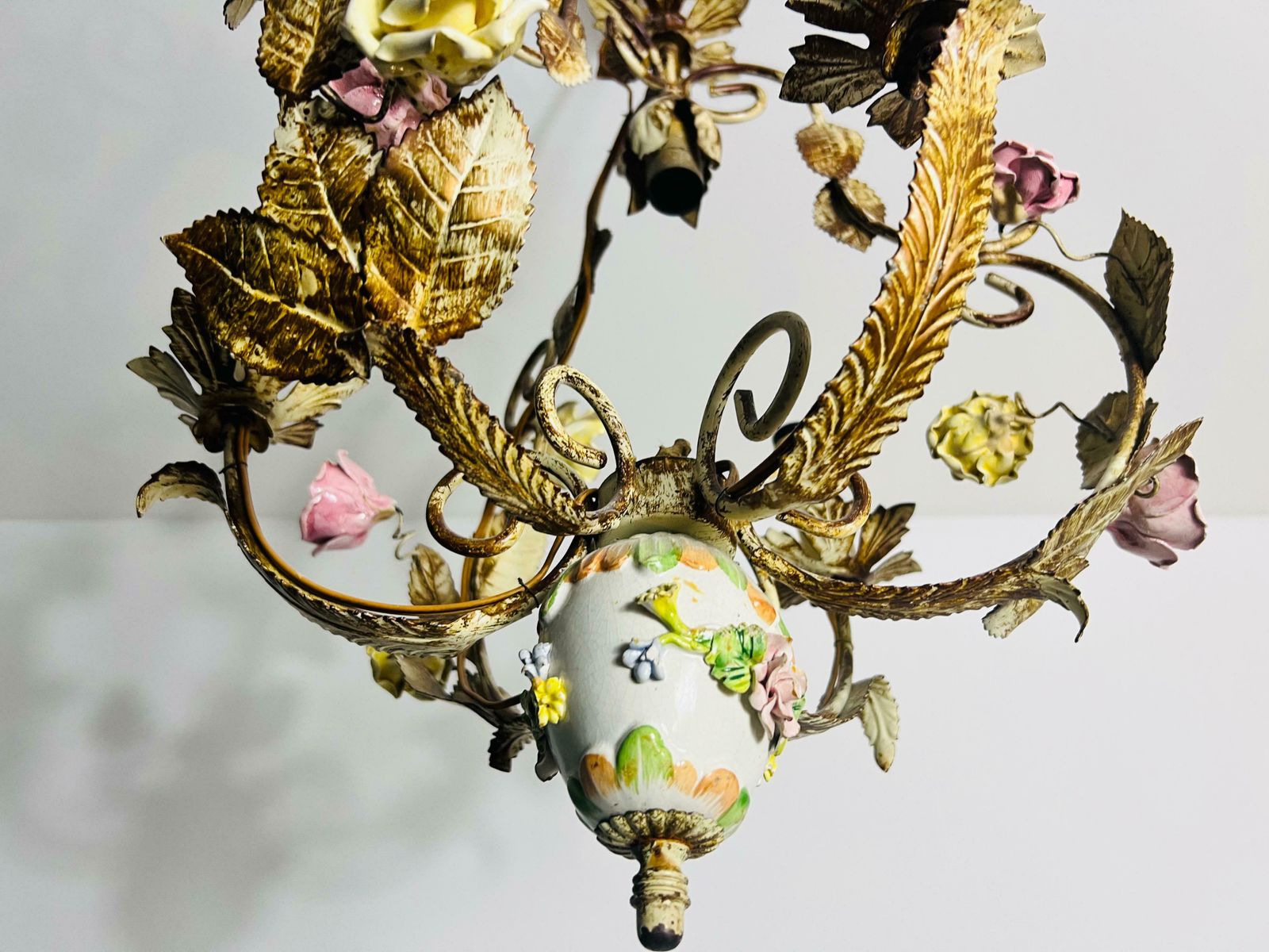Brass And Ceramic Florentine Flower Shape Chandelier, Germany, 1970s photo vintage