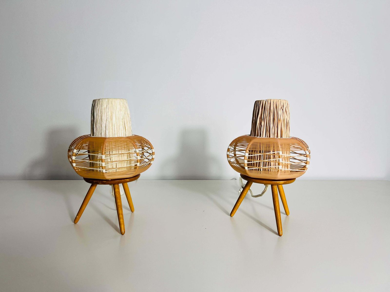 Pair Of Wooden Table Lamps, Circa 1970 photo Lighting