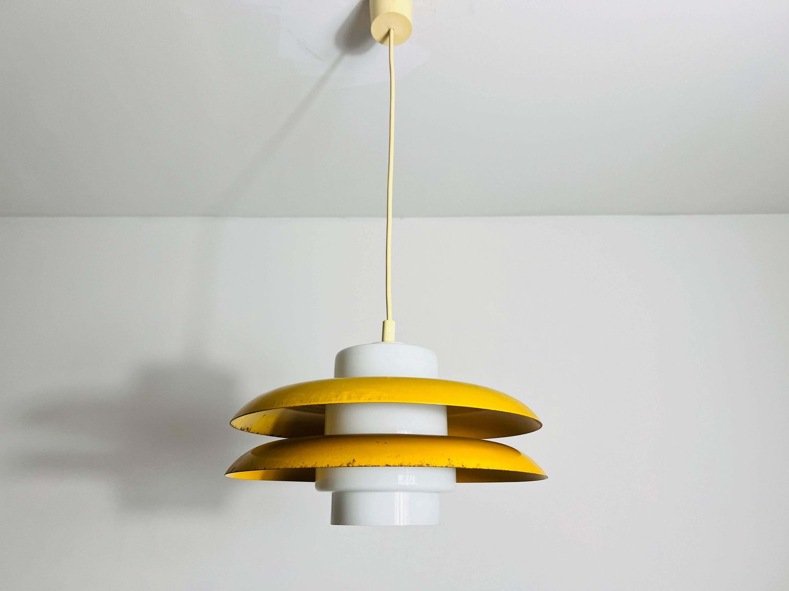 Yellow Metal And Opaline Glas Space Age Pendant Lamp, Germany, 1970s photo for sale