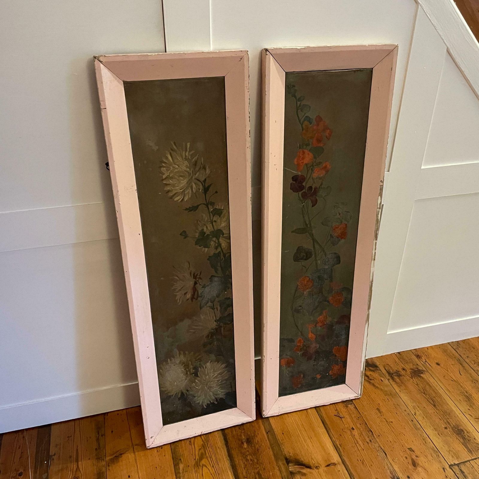 2 Antique Framed Floral Abstract Painting Picture Vintage Flowers Cottage Hand Painted Art Original Drawing Oils Oil Rectangle Wood Frame photo furniture