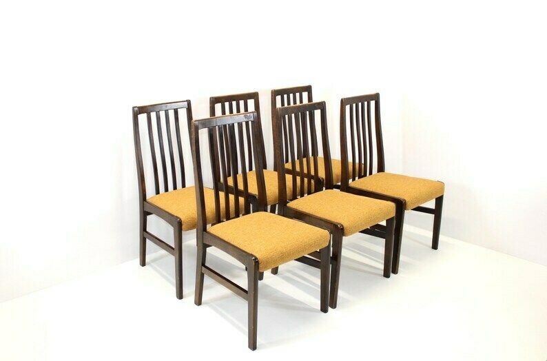 Set Of 6 Wooden Dining Chairs/Mid Century Dine Set 70s/Chairs With Ocher Upholstered Seat/Vintage High Back Dining Chairs