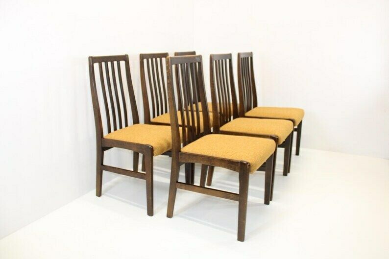 Set Of 6 Wooden Dining Chairs/Mid Century Dine Set 70s/Chairs With Ocher Upholstered Seat/Vintage High Back Dining Chairs photo for sale